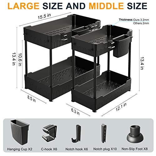 Adjustable storage shelf with large and middle size options, includes hooks and foot pads.