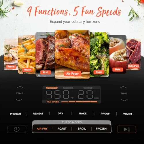 Air fryer control panel with cooking modes and settings.