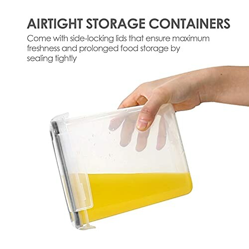 Hand holding airtight storage container with yellow liquid.