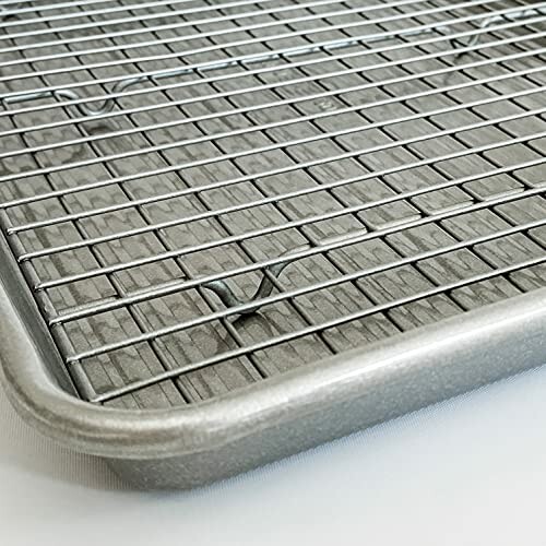 Metal cooling rack on a baking tray.