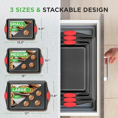 Stackable baking sheet set in three sizes: small, medium, large, stored in drawer.