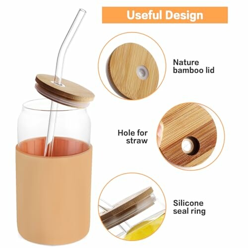 Glass cup with bamboo lid, silicone sleeve, and straw.