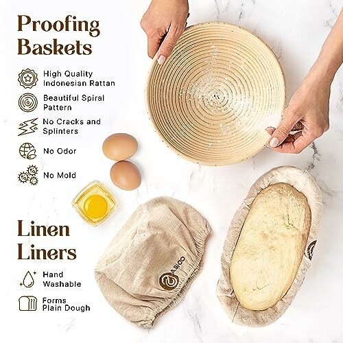Proofing baskets with linen liners, eggs, oil, and dough.