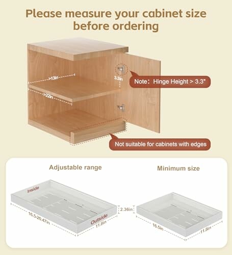 Diagram showing cabinet measurements and requirements.