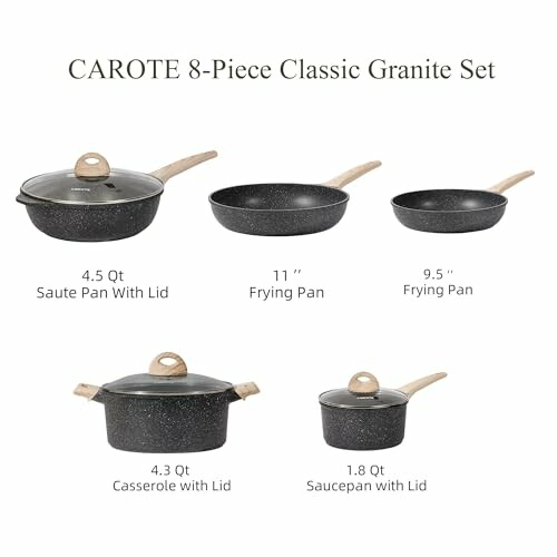 Carote 8-piece classic granite cookware set with various pans and lids.