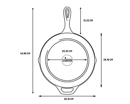 Diagram of a cast iron skillet with dimensions labeled.