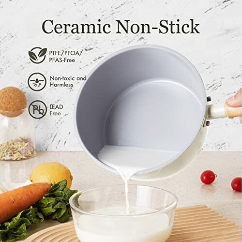 Ceramic non-stick pot pouring milk into a bowl, highlighting PTFE/PFOA and lead-free features.