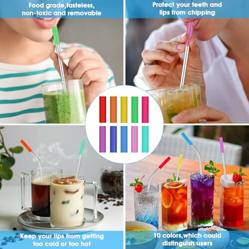 People using colorful reusable straws in various drinks.