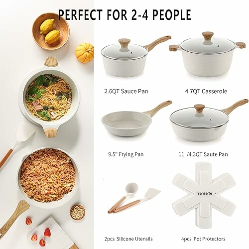 Cookware set with pots, pans, and utensils for 2-4 people.