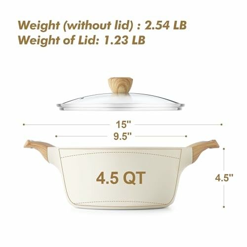 Cream-colored 4.5 QT pan with glass lid and wooden handles.