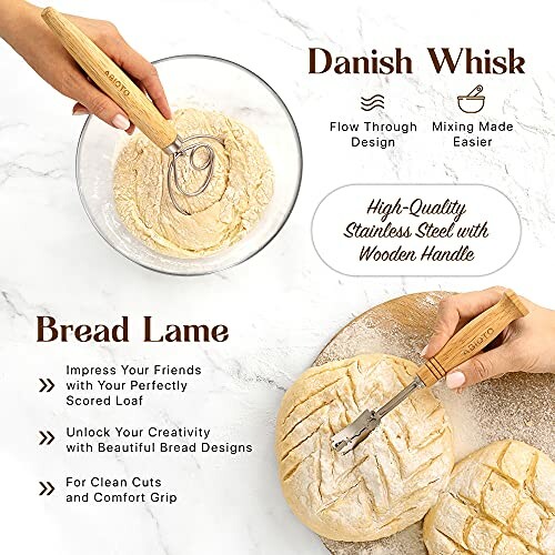 Danish whisk and bread lame tools with dough and bread.