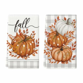 Artoid Mode Orange Buffalo Plaid Leaves Pumpkin Fall Kitchen Towels