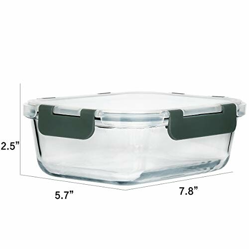 Glass food storage container with locking lid, dimensions 2.5 inches by 5.7 inches by 7.8 inches.