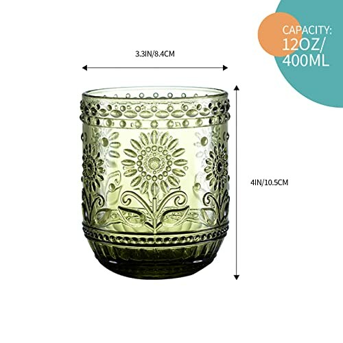 Green vintage-style glass with floral design, 12oz capacity.