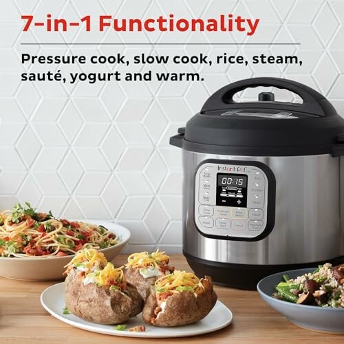 Instant Pot with 7-in-1 functionality next to prepared dishes