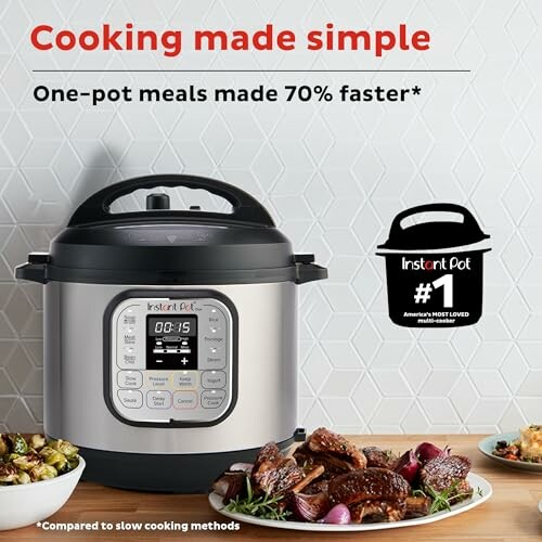 Instant Pot with cooked meals, promoting faster cooking.