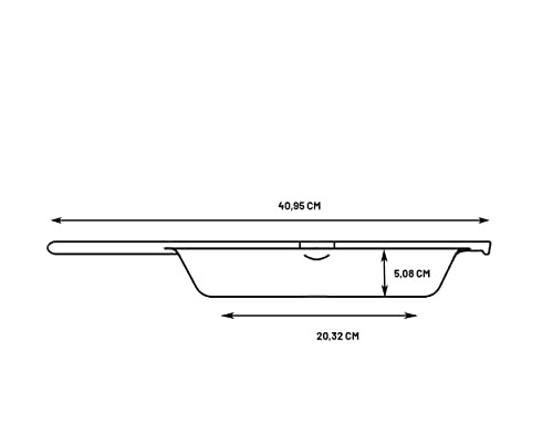 Diagram showing pan dimensions, 40.95 cm long, 20.32 cm wide, 5.08 cm deep.