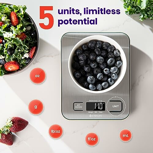 Digital kitchen scale with a bowl of blueberries and measurement units displayed.