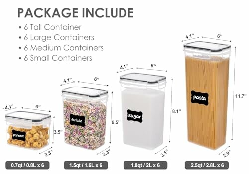 Set of kitchen storage containers with various sizes for popcorn, farfalle, sugar, and pasta.