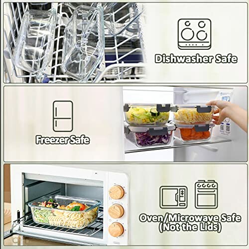 Guide showing glass containers in a dishwasher, freezer, and oven.