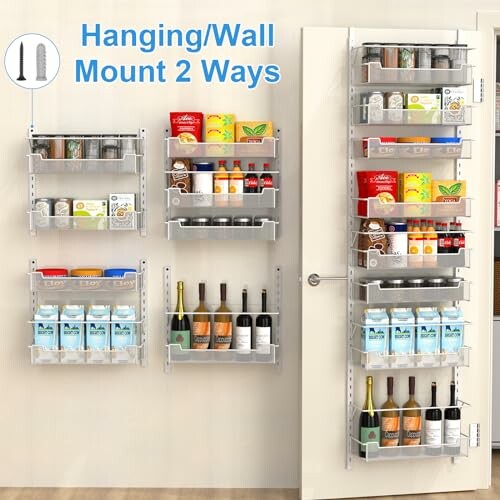 Kitchen wall and door mounted organizer with shelves holding various food items.