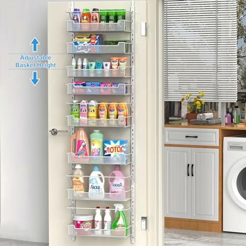 Over-the-door storage organizer with various cleaning products in a laundry room.