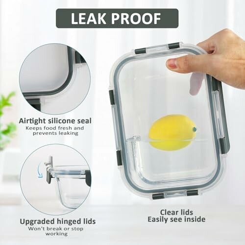 Hand holding a leak-proof container with a lemon inside, showcasing airtight silicone seal and hinged lid features.