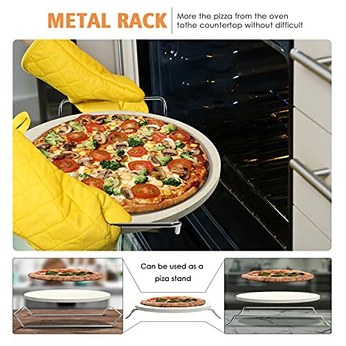 Person removing pizza from oven with a metal rack and yellow mitts, featuring a pizza stand.