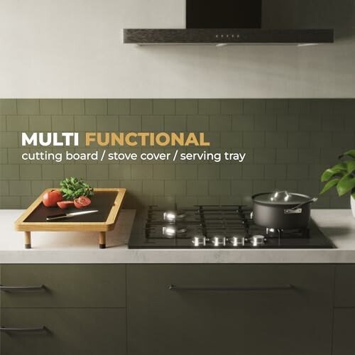 Kitchen with multifunctional cutting board and stove cover