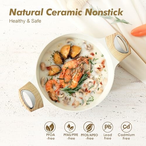Natural ceramic nonstick cookware with food inside, highlighting safety features like PFOA, PFAS/PTFE, PFOS/APEO, lead, and cadmium free.
