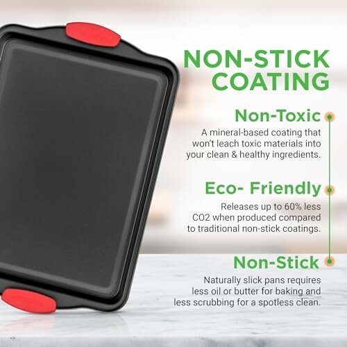 Non-stick baking pan with features listed: non-toxic, eco-friendly, non-stick.