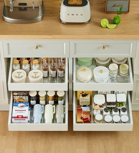 Neatly organized kitchen drawers with spices, jars, and utensils.