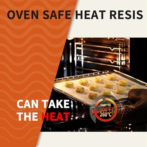 Baking tray with cookies in oven, heat resistant up to 500°F/260°C.