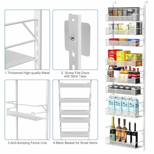 Over-the-door pantry organizer with metal shelves and baskets for storage.