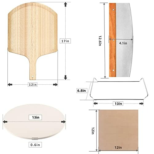 Pizza baking set with dimensions including a wooden peel, stone, and cutter.