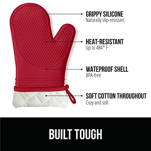 Red silicone oven mitt with labeled features: grippy silicone, heat-resistant up to 484ÃÂÃÂÃÂÃÂÃÂÃÂÃÂÃÂÃÂÃÂÃÂÃÂÃÂÃÂÃÂÃÂ°F, waterproof shell, soft cotton throughout.