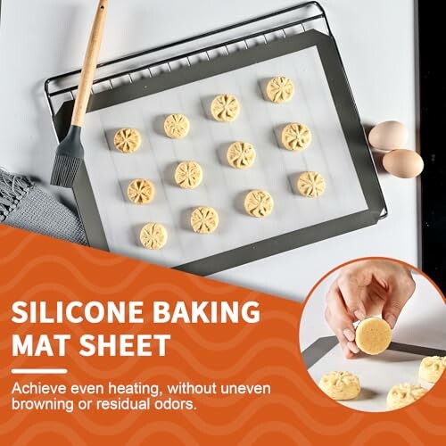 Cookies on silicone baking mat with text about even heating.