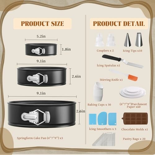 Springform cake pan set with baking tools and product details.