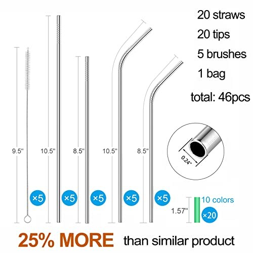 Set of stainless steel straws with brushes and bag, 46 pieces total.