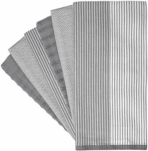 Five gray and white striped kitchen towels fanned out.