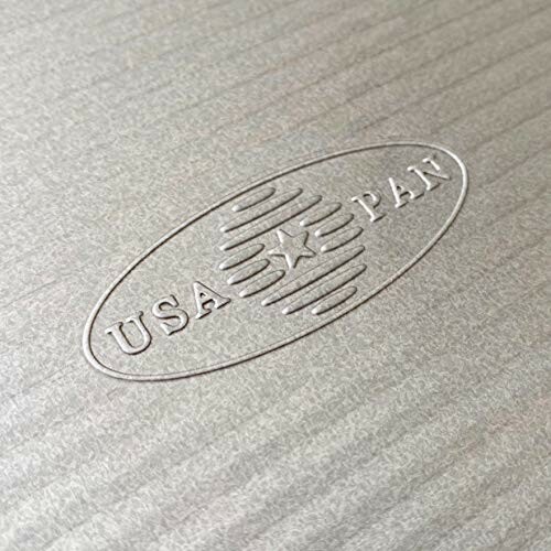 Close-up of USA Pan logo embossed on metal surface.