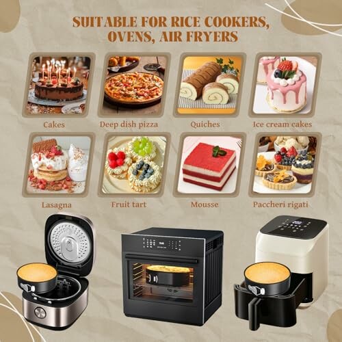 Various desserts and dishes suitable for rice cookers, ovens, and air fryers, including cakes, pizza, quiches, ice cream cakes, lasagna, fruit tart, mousse, and paccheri rigati.