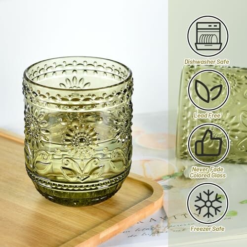 Vintage green glass tumbler with ornate pattern, dishwasher safe and lead-free.