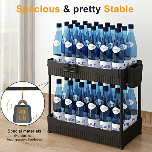 Two-tier storage rack holding multiple water bottles, with a weight test showing 40 lb capacity.