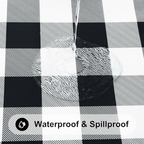 Water being poured on the black and white checkered waterproof tablecloth.